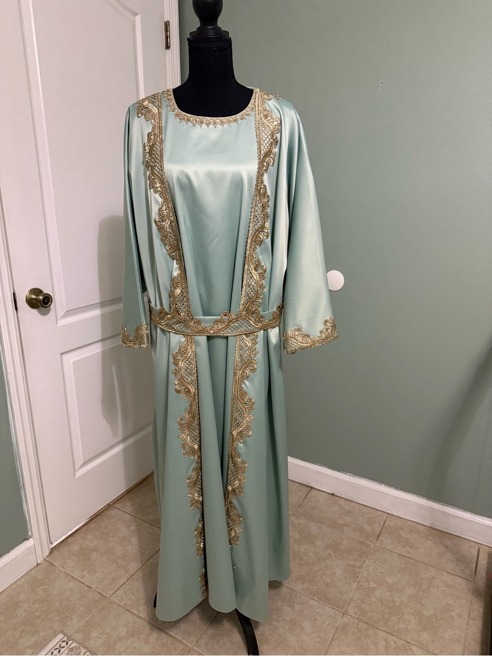 Mint Green Satin Gown with Gold Lace Trim